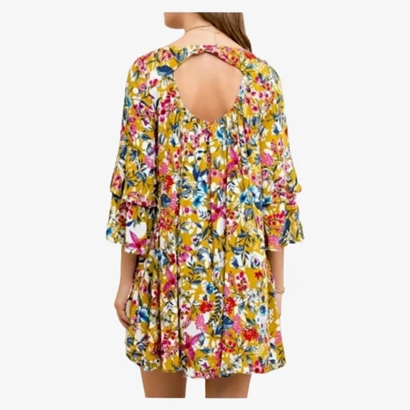 VICI ENTRO Tropical Vibe Cut Out Back Floral Print Tiered Sleeve Tunic Dress L - Picture 2 of 16